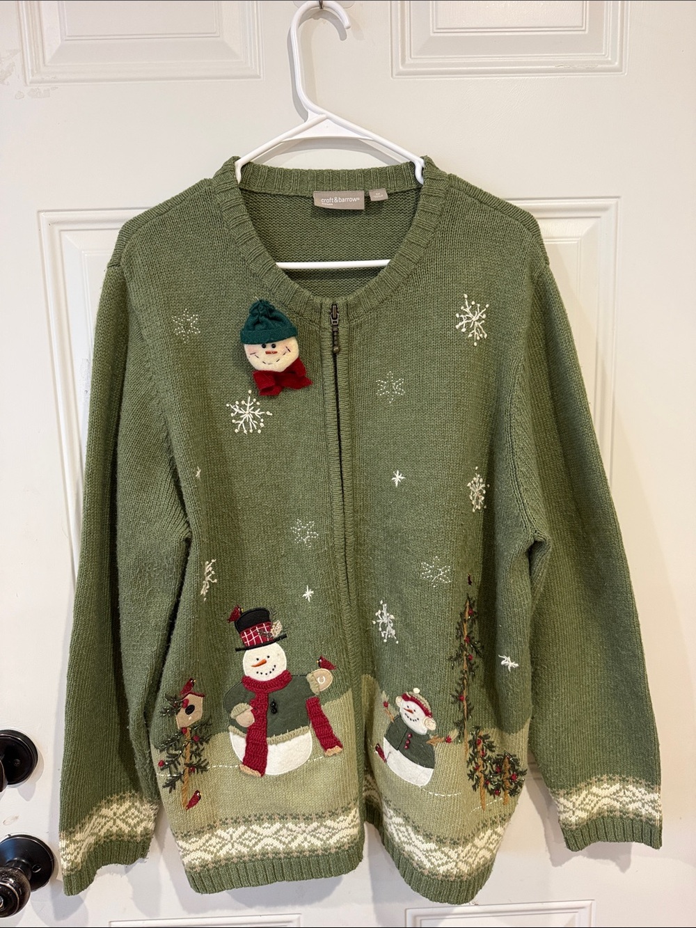 croft & barrow Olive Green Holiday Snowman Zip Cardigan